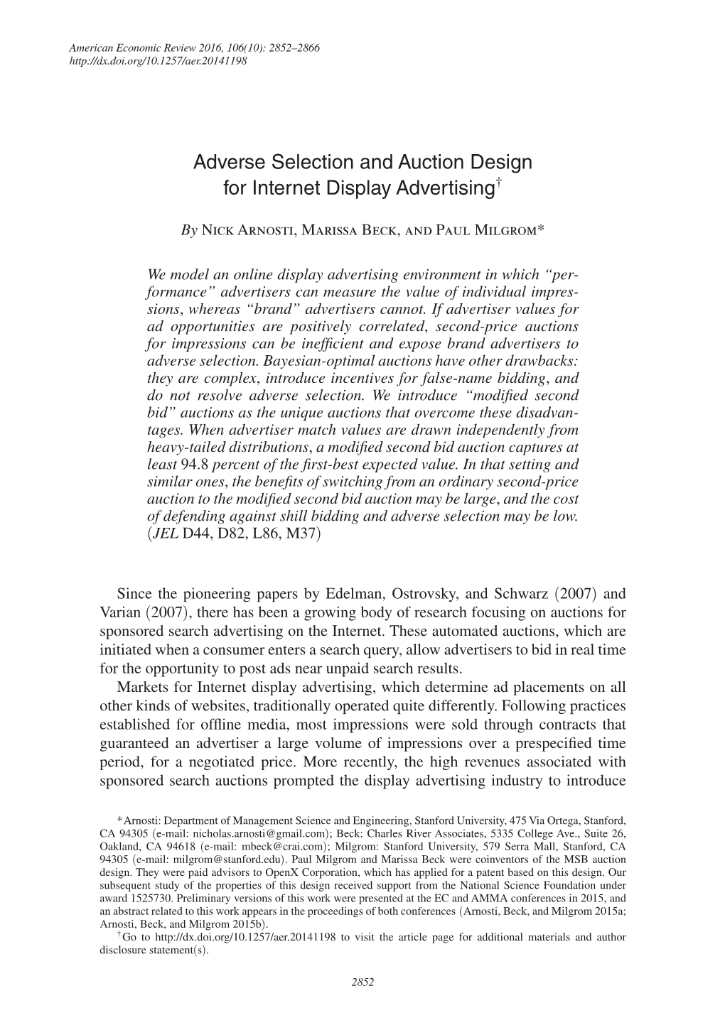 Adverse Selection and Auction Design for Internet Display Advertising†