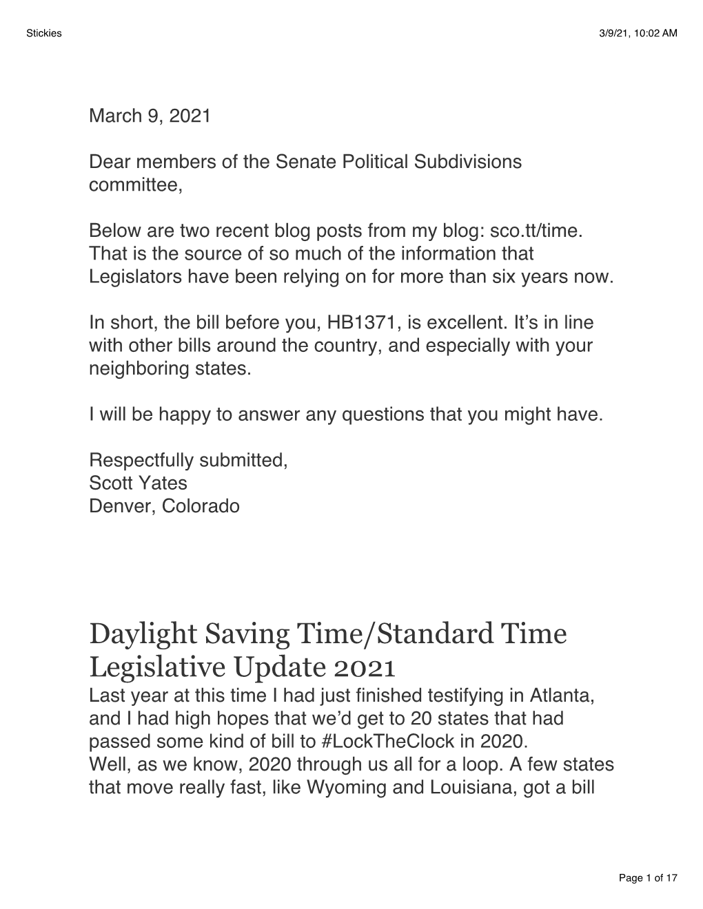 Daylight Saving Time/Standard Time Legislative Update 2021