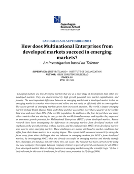How Does Multinational Enterprises from Developed Markets Succeed in Emerging Markets? - an Investigation Based on Telenor