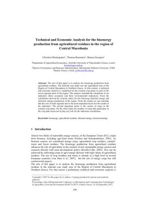 Technical and Economic Analysis for the Bioenergy Production from Agricultural Residues in the Region of Central Macedonia