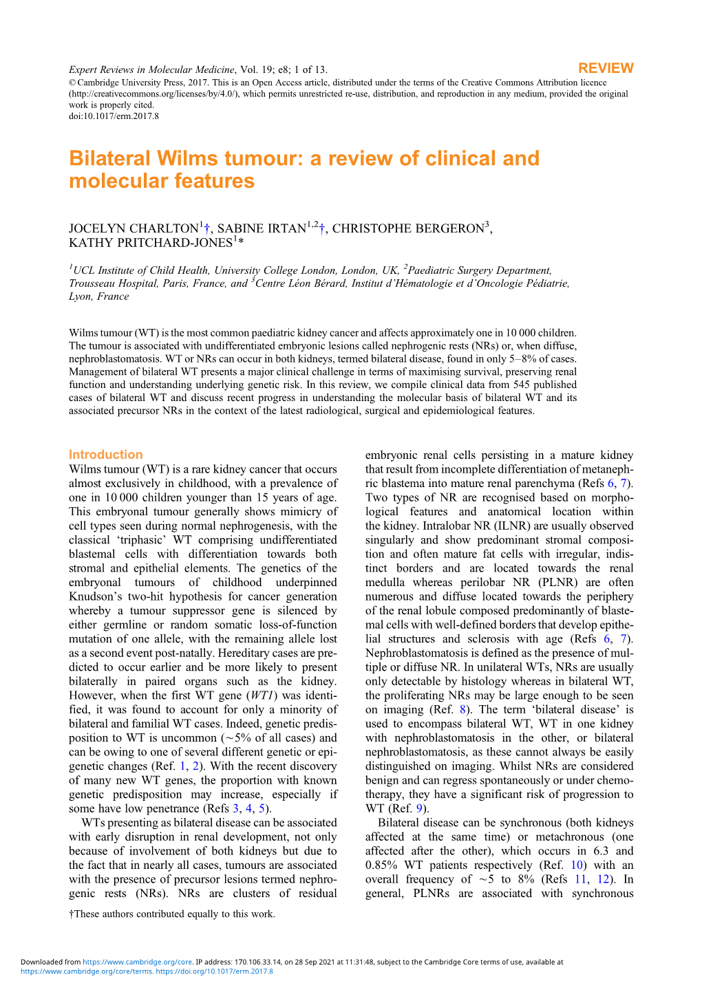 Bilateral Wilms Tumour: a Review of Clinical and Molecular Features