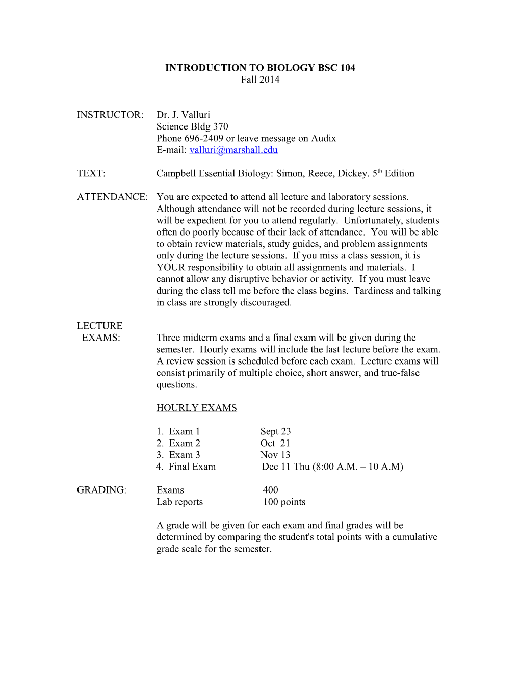 Introduction to Biology Bsc 104