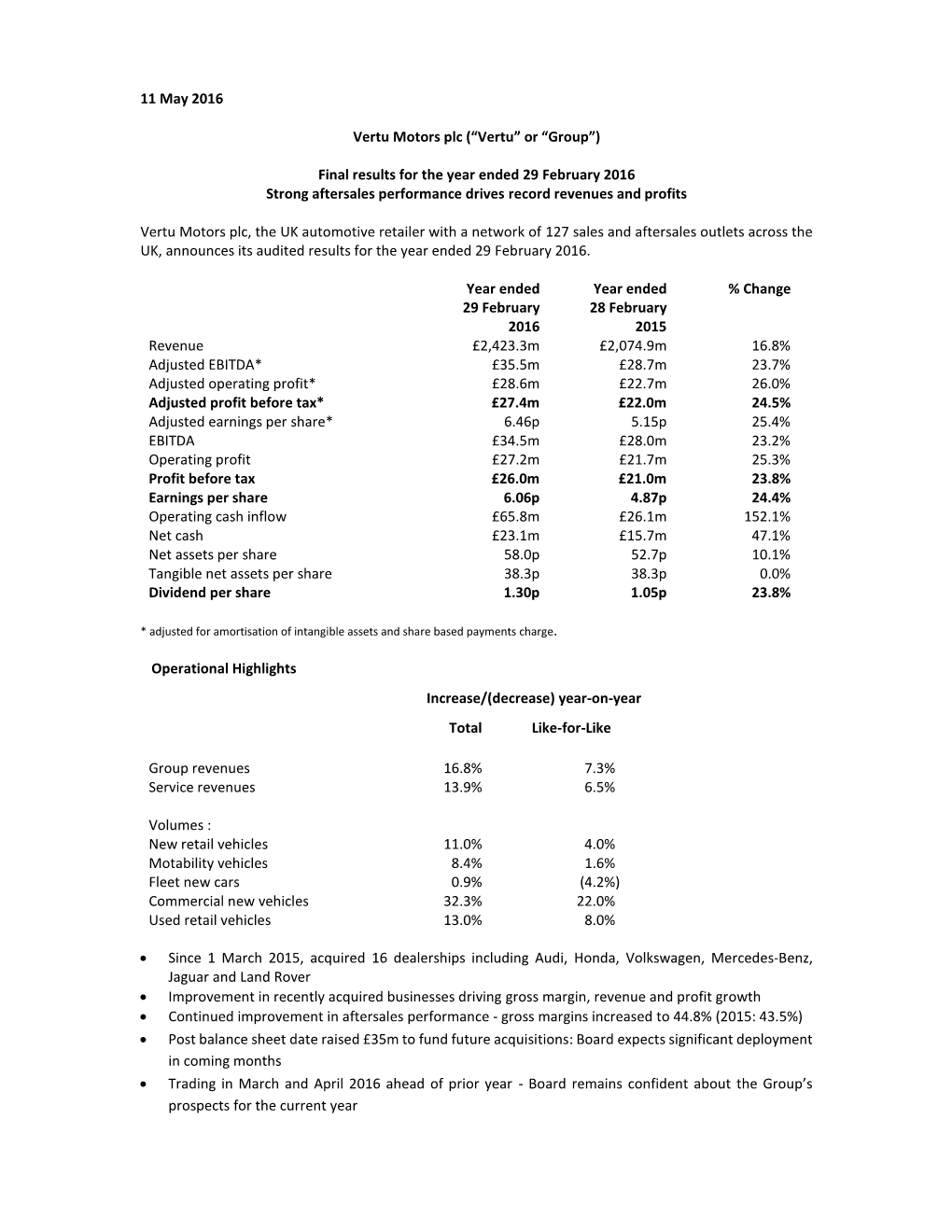 Preliminary Results for the Year Ended 29 February 2016