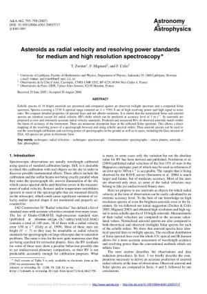Asteroids As Radial Velocity and Resolving Power Standards for Medium and High Resolution Spectroscopy