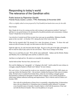 Responding to Today's World: the Relevance of the Gandhian Ethic