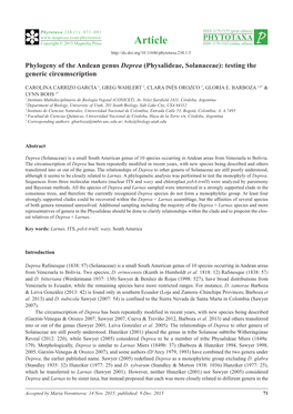 Phylogeny of the Andean Genus Deprea (Physalideae, Solanaceae): Testing the Generic Circumscription