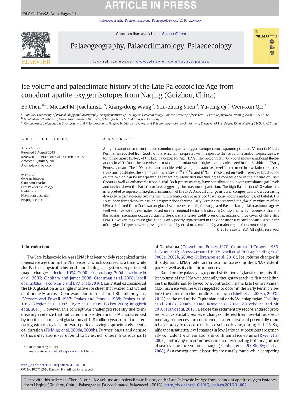 Ice Volume and Paleoclimate History of the Late Paleozoic Ice Age from Conodont Apatite Oxygen Isotopes from Naqing (Guizhou, China)