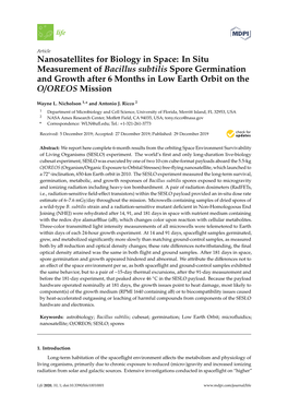 Nanosatellites for Biology in Space: in Situ Measurement of Bacillus Subtilis Spore Germination and Growth After 6 Months in Low Earth Orbit on the O/OREOS Mission