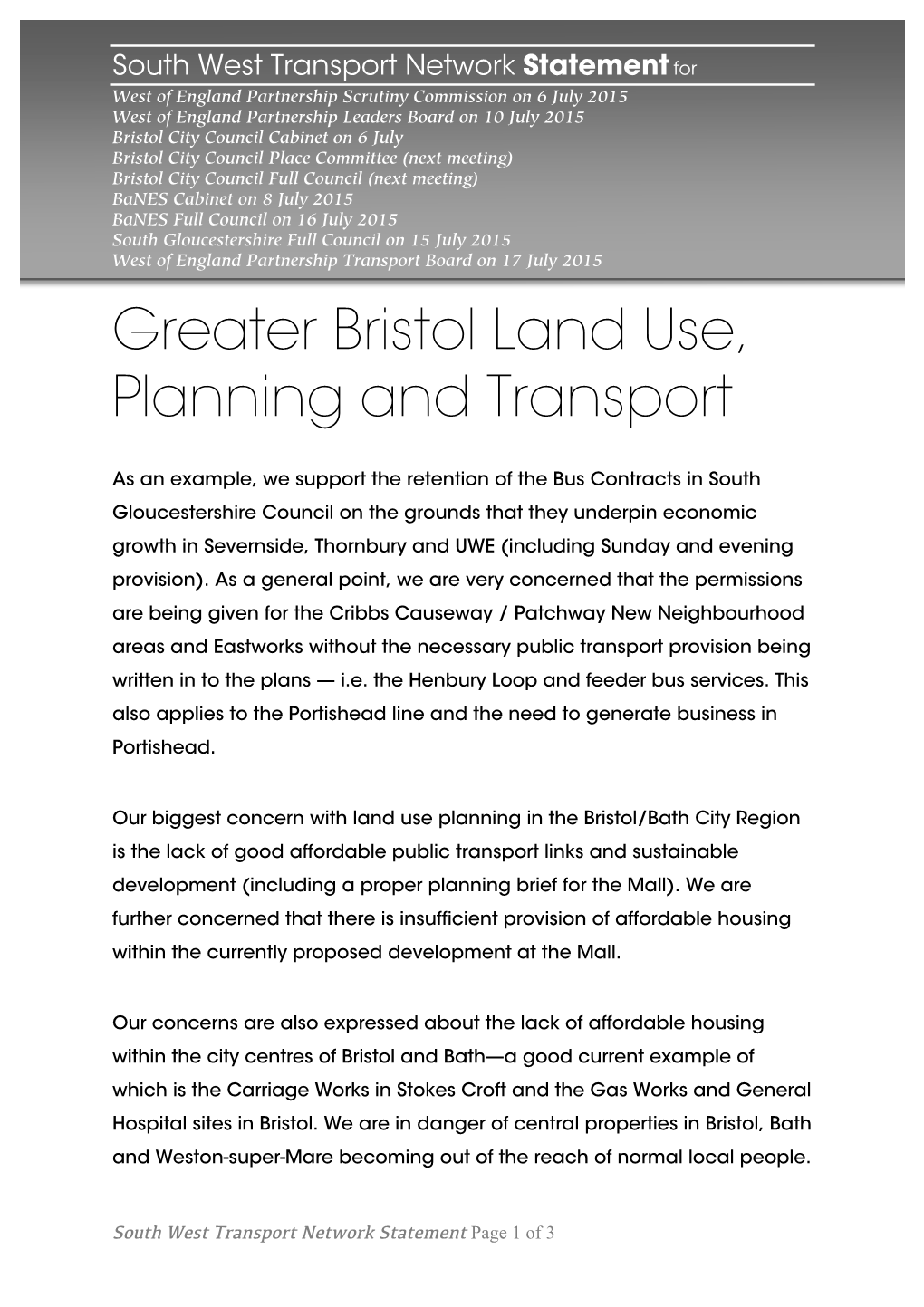 Greater Bristol Land Use, Planning and Transport