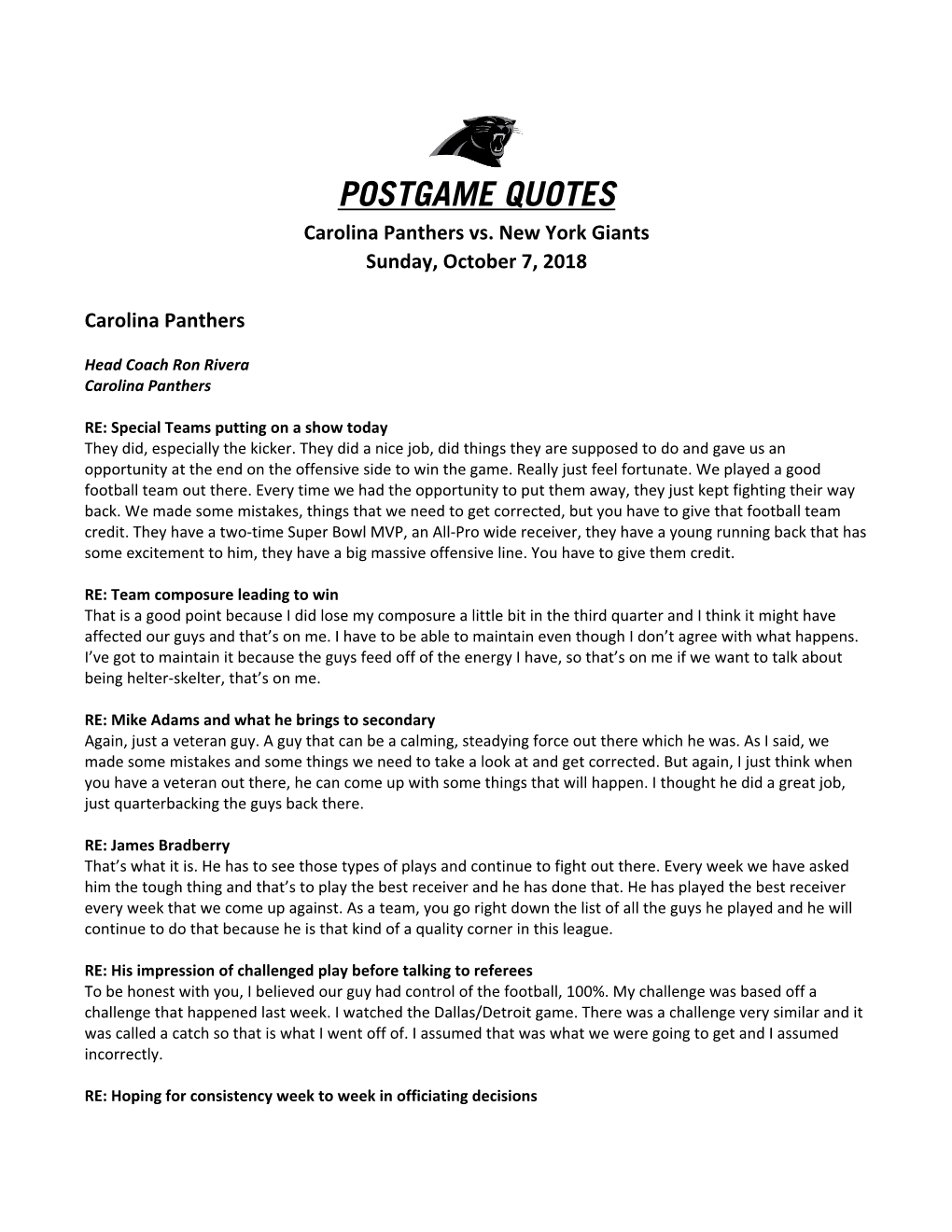 POSTGAME QUOTES Carolina Panthers Vs