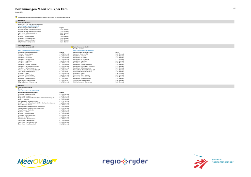 Bestemmingen Meerovbus Per Kern 1/12 Januari 2017
