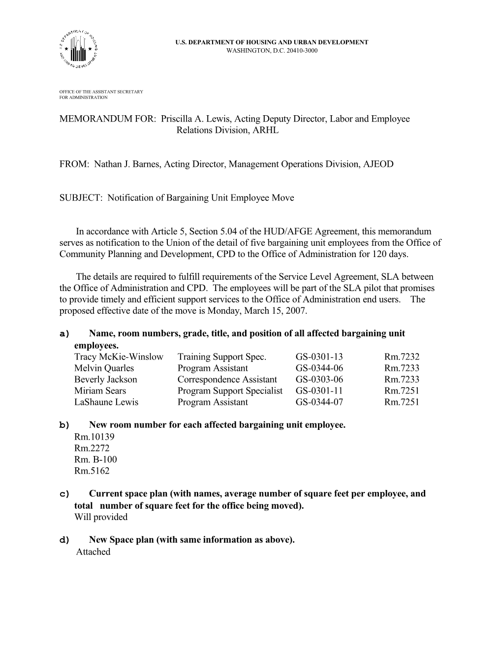 MEMORANDUM FOR: Priscilla A. Lewis, Acting Deputy Director, Labor and Employee