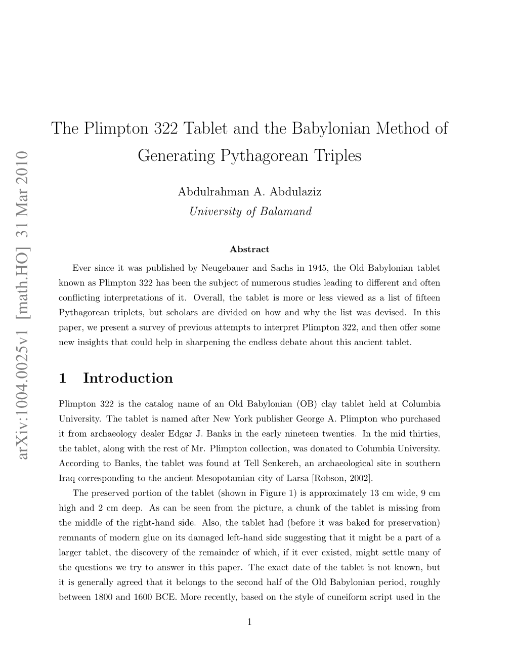 The Plimpton 322 Tablet and the Babylonian Method of Generating