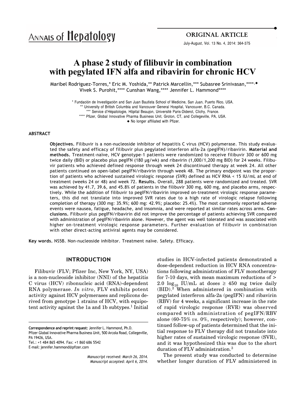 A Phase 2 Study of Filibuvir in Combination with Pegylated IFN Alfa and Ribavirin for Chronic HCV