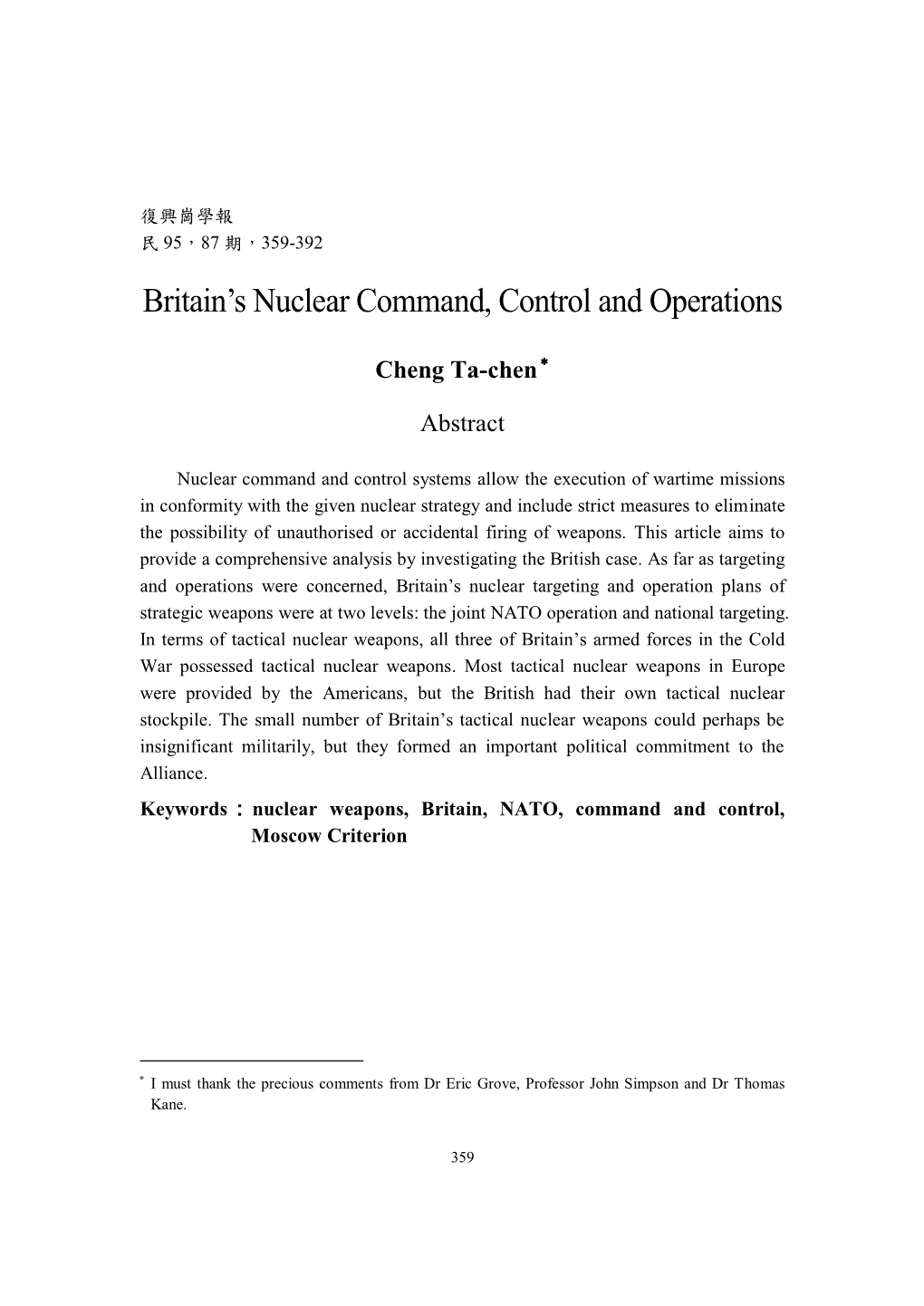 Britain‟S Nuclear Command, Control and Operations