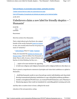 Unbelievers Claim a New Label for Friendly Skeptics -- 'Neo Humanist' - Faith & Reason Page 1 of 3
