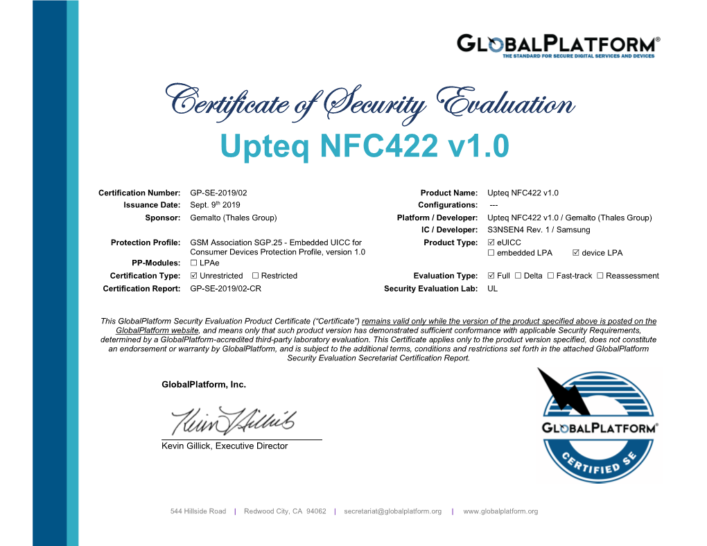 Certificate of Security Evaluation Upteq NFC422 V1.0