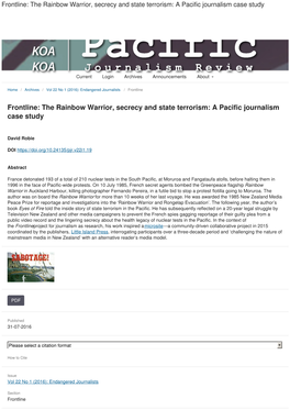 The Rainbow Warrior, Secrecy and State Terrorism: a Pacific Journalism Case Rsetguisdteyr Login