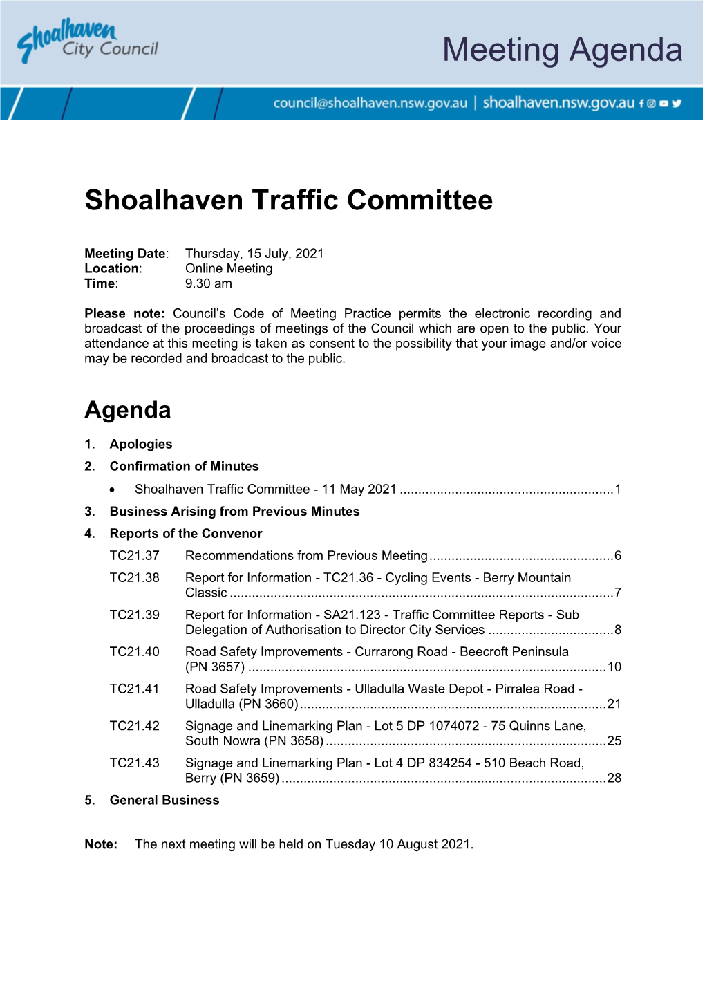 Agenda of Shoalhaven Traffic Committee