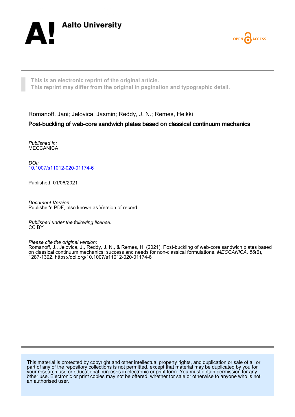 Post-Buckling of Web-Core Sandwich Plates Based on Classical Continuum Mechanics