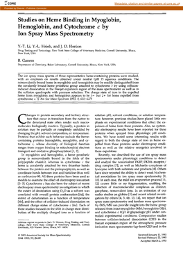 Studies on Heme Binding in Myoglobin, Hemoglobin, and Cytochrome C by Ion Spray Mass Spectrometry
