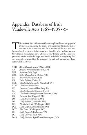 Appendix: Database of Irish Vaudeville Acts 1865–1905