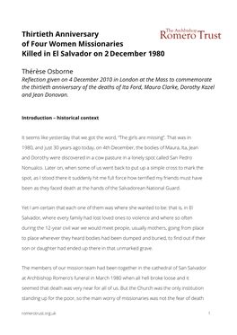 Thirtieth Anniversary of Four Women Missionaries Killed in El Salvador on 2December 1980