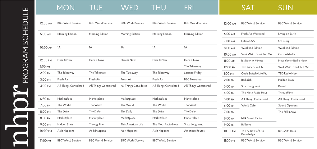 Mon Tue Wed Thu Fri Sat Sun Program S Chedule