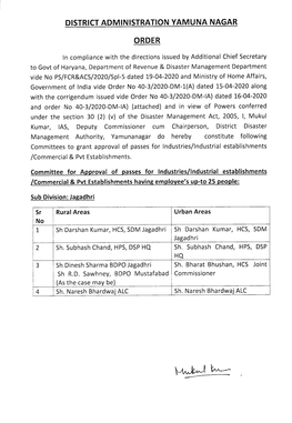 DISTRICT ADMINISTRATION YAMUNA NAGAR ORDER I Sr