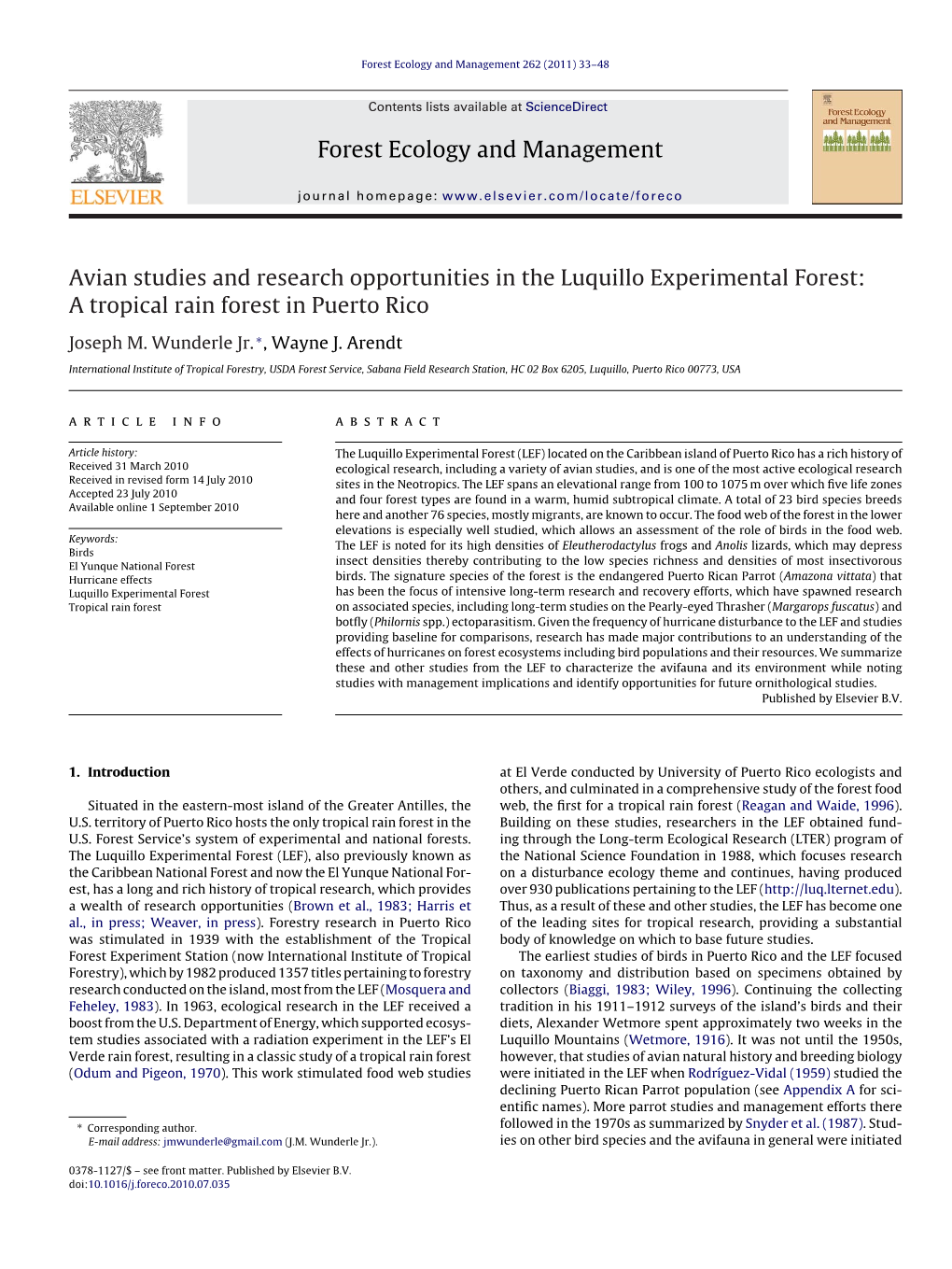 Forest Ecology and Management Avian Studies and Research