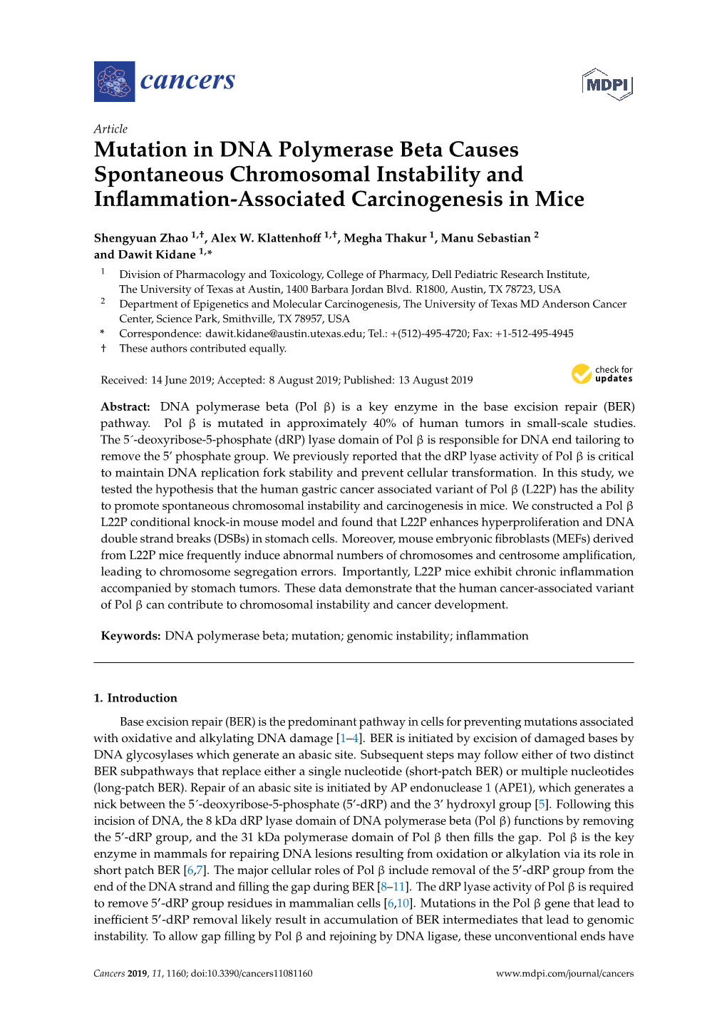 Mutation in DNA Polymerase Beta Causes Spontaneous Chromosomal Instability and Inﬂammation-Associated Carcinogenesis in Mice