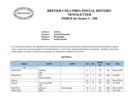 BRITISH COLUMBIA POSTAL HISTORY NEWSLETTER INDEX for Issues 1 - 100