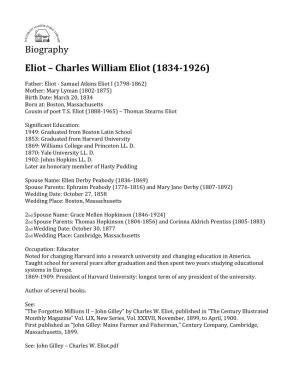 Biography Eliot – Charles William Eliot (1834-1926)