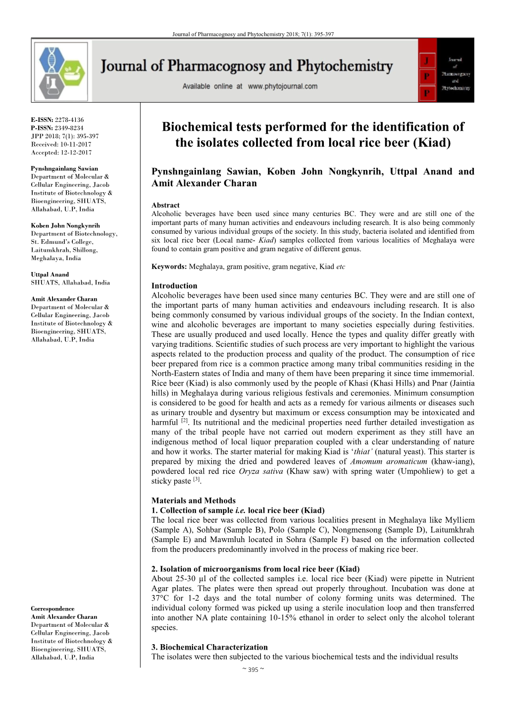 Biochemical Tests Performed for the Identification of the Isolates