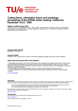 Coding Theory, Information Theory and Cryptology : Proceedings of the EIDMA Winter Meeting, Veldhoven, December 19-21, 1994