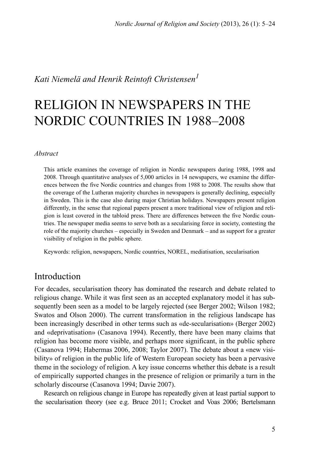 Religion in Newspapers in the Nordic Countries in 1988–2008
