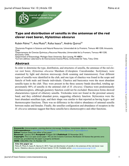 Type and Distribution of Sensilla in the Antennae of the Red Clover Root Borer, Hylastinus Obscurus