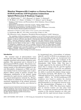 Binuclear Manganese(III) Complexes As Electron Donors in Dl/D2/Cytochrome B 559 Preparations Isolated from Spinach Photosystem II Membrane Fragments S