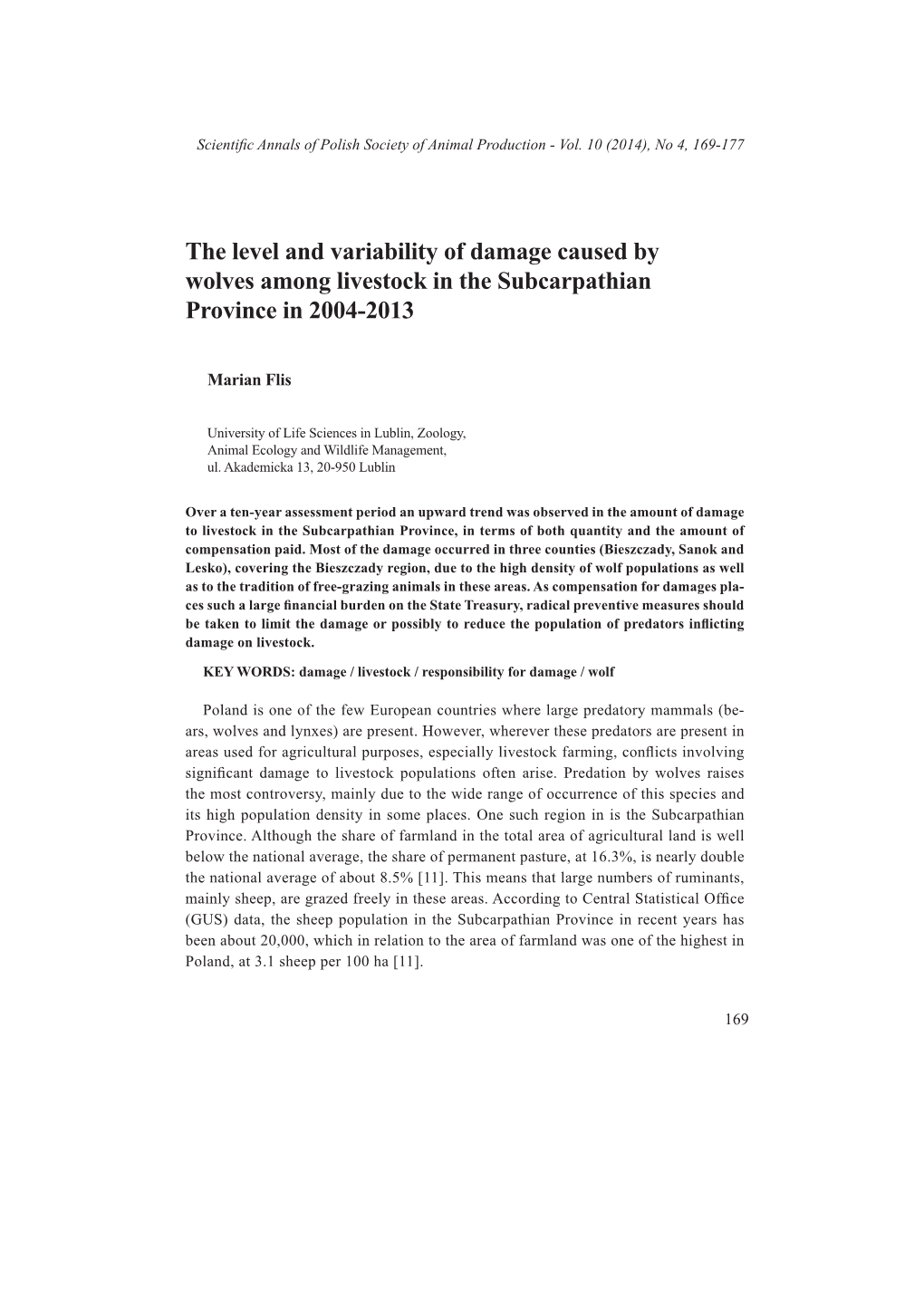 The Level and Variability of Damage Caused by Wolves Among Livestock in the Subcarpathian Province in 2004-2013