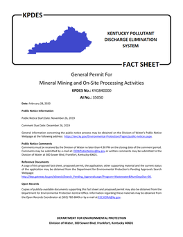General Permit for Mineral Mining and On-Site Processing Activities