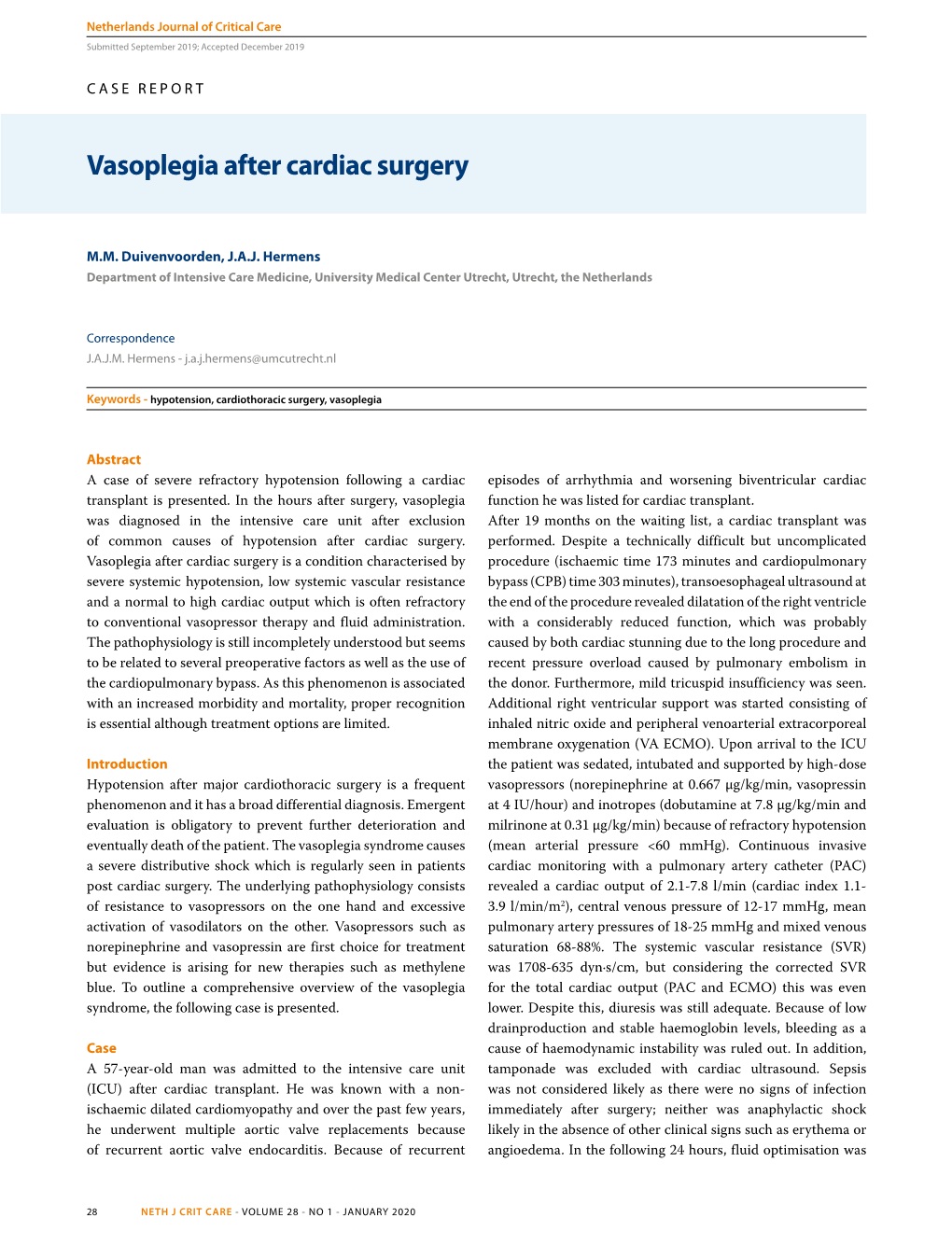 Vasoplegia After Cardiac Surgery