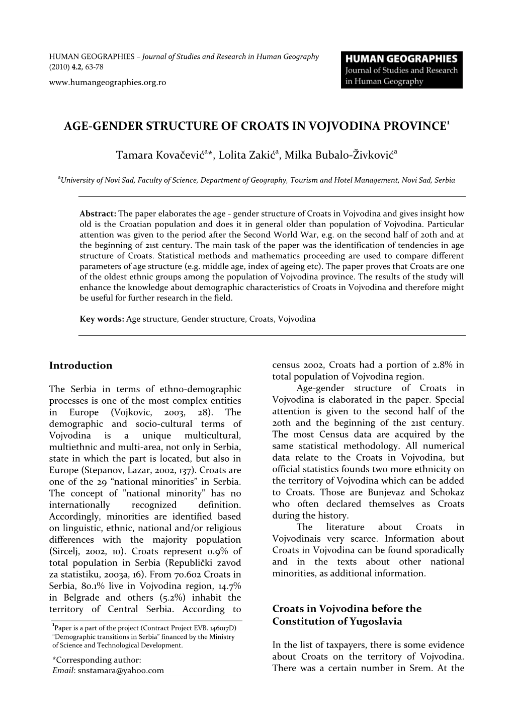 Age-Gender Structure of Croats in Vojvodina Province1
