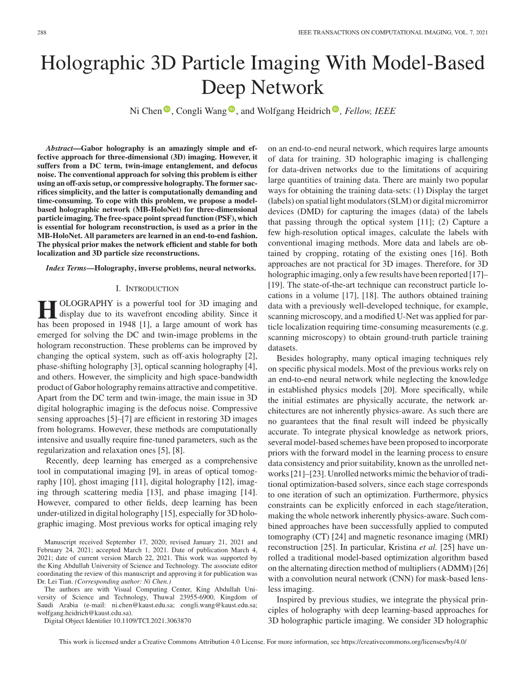 Holographic 3D Particle Imaging with Model-Based Deep Network Ni Chen , Congli Wang , and Wolfgang Heidrich , Fellow, IEEE