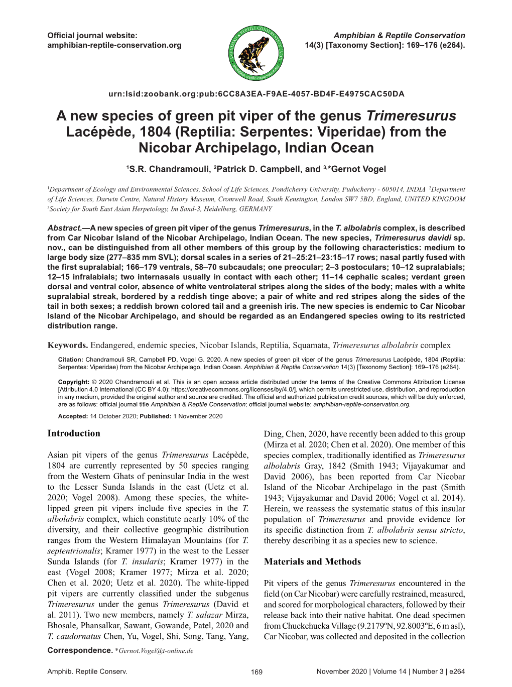 A New Species of Green Pit Viper of the Genus Trimeresurus Lacépède, 1804 (Reptilia: Serpentes: Viperidae) from the Nicobar Archipelago, Indian Ocean 1S.R