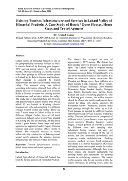 Existing Tourism Infrastructure and Services in Lahaul Valley of Himachal Pradesh: a Case Study of Hotels / Guest Houses, Home Stays and Travel Agencies
