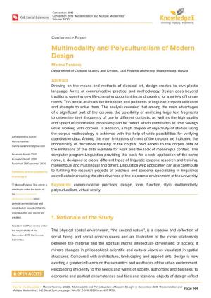 Multimodality and Polyculturalism of Modern Design Marina Pankina Department of Cultural Studies and Design, Ural Federal University, Ekaterinburg, Russia