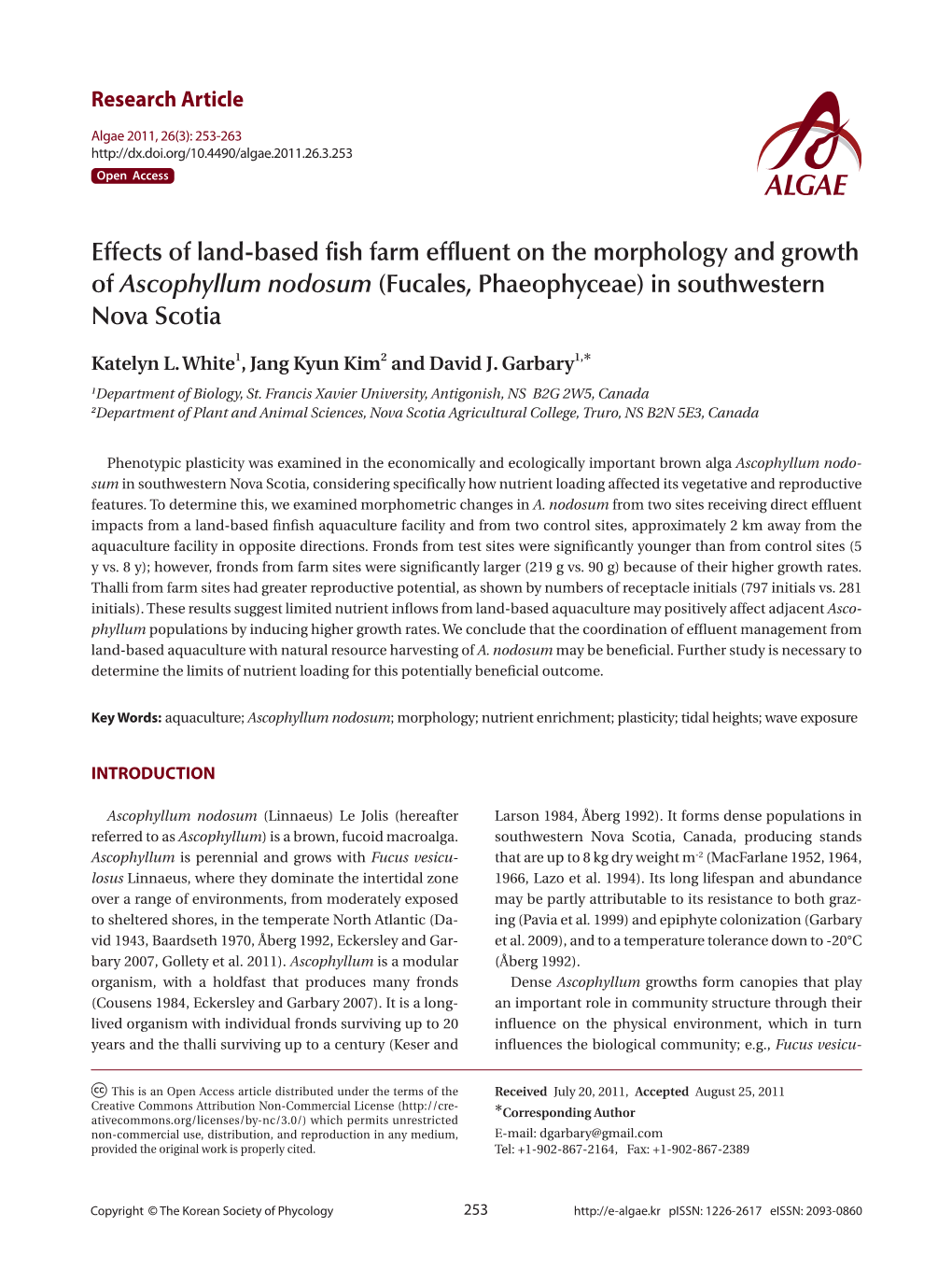 Effects of Land-Based Fish Farm Effluent on the Morphology and Growth of Ascophyllum Nodosum (Fucales, Phaeophyceae) in Southwestern Nova Scotia