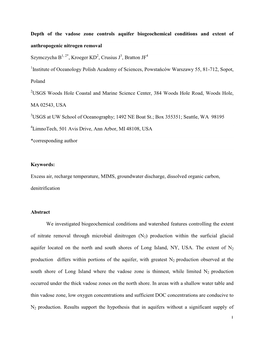 1 Depth of the Vadose Zone Controls Aquifer Biogeochemical Conditions and Extent of Anthropogenic Nitrogen Removal Szymczycha B