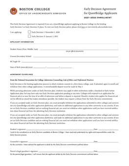 Early Decision Agreement for Questbridge Applicants 2021–2022 Enrollment