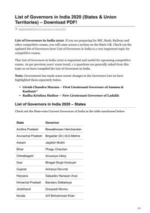 List of Governors in India 2020 (States & Union Territories)